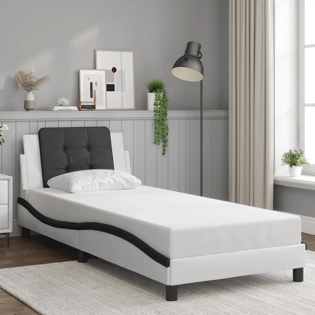 Letto singolo | Letto per adulti | Giroletto senza Materasso Zadar Nero e Bianco 90x190 cm in Similpelle - Image 2