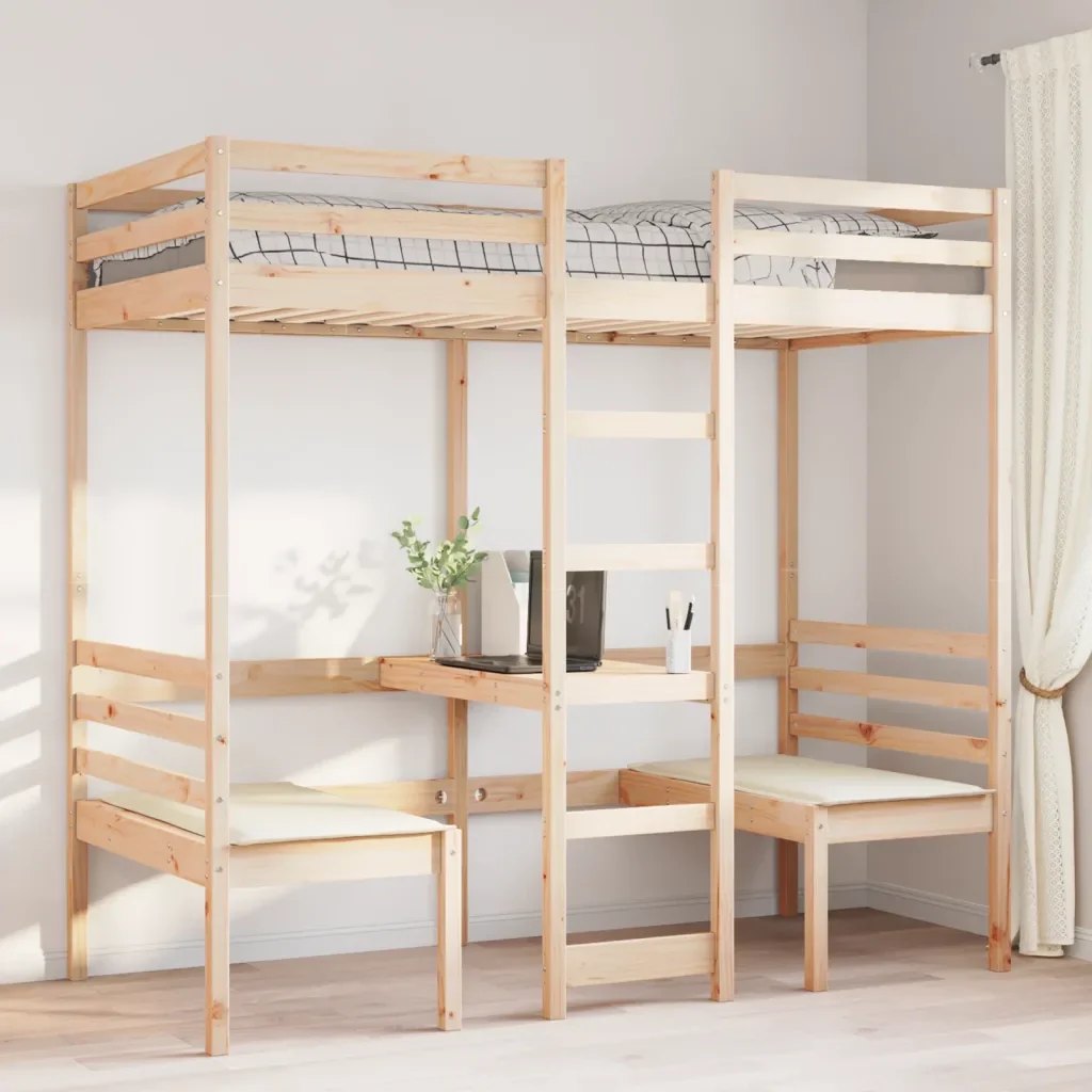 Letto singolo | Letto per adulti | Giroletto Soppalco con Scrivania e Sedie 75x190cm Legno Pino - Image 3