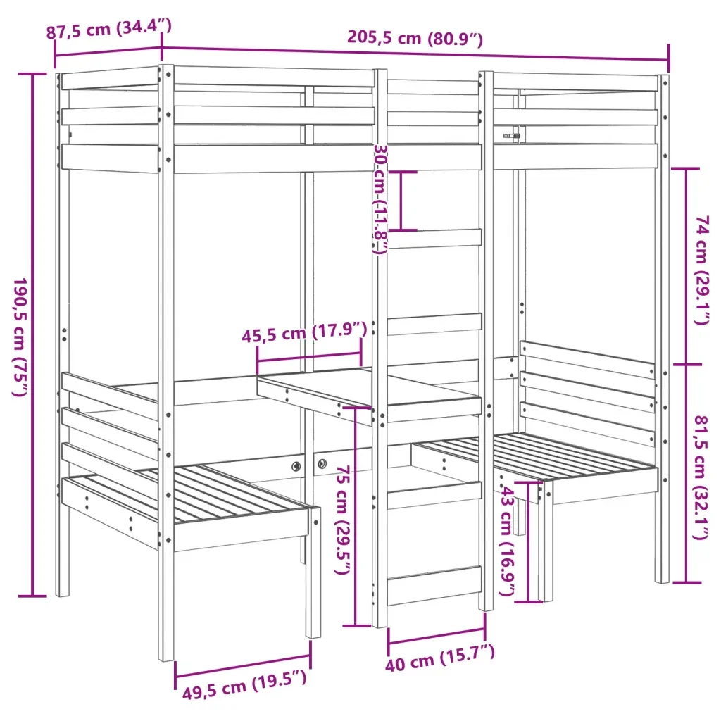 Letto singolo | Letto per adulti | Giroletto Soppalco con Scrivania e Sedie 80x200cm Legno Pino - Image 10