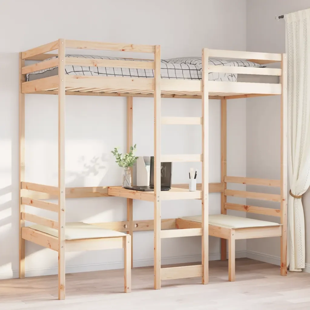 Letto singolo | Letto per adulti | Giroletto Soppalco con Scrivania e Sedie 80x200cm Legno Pino - Image 3