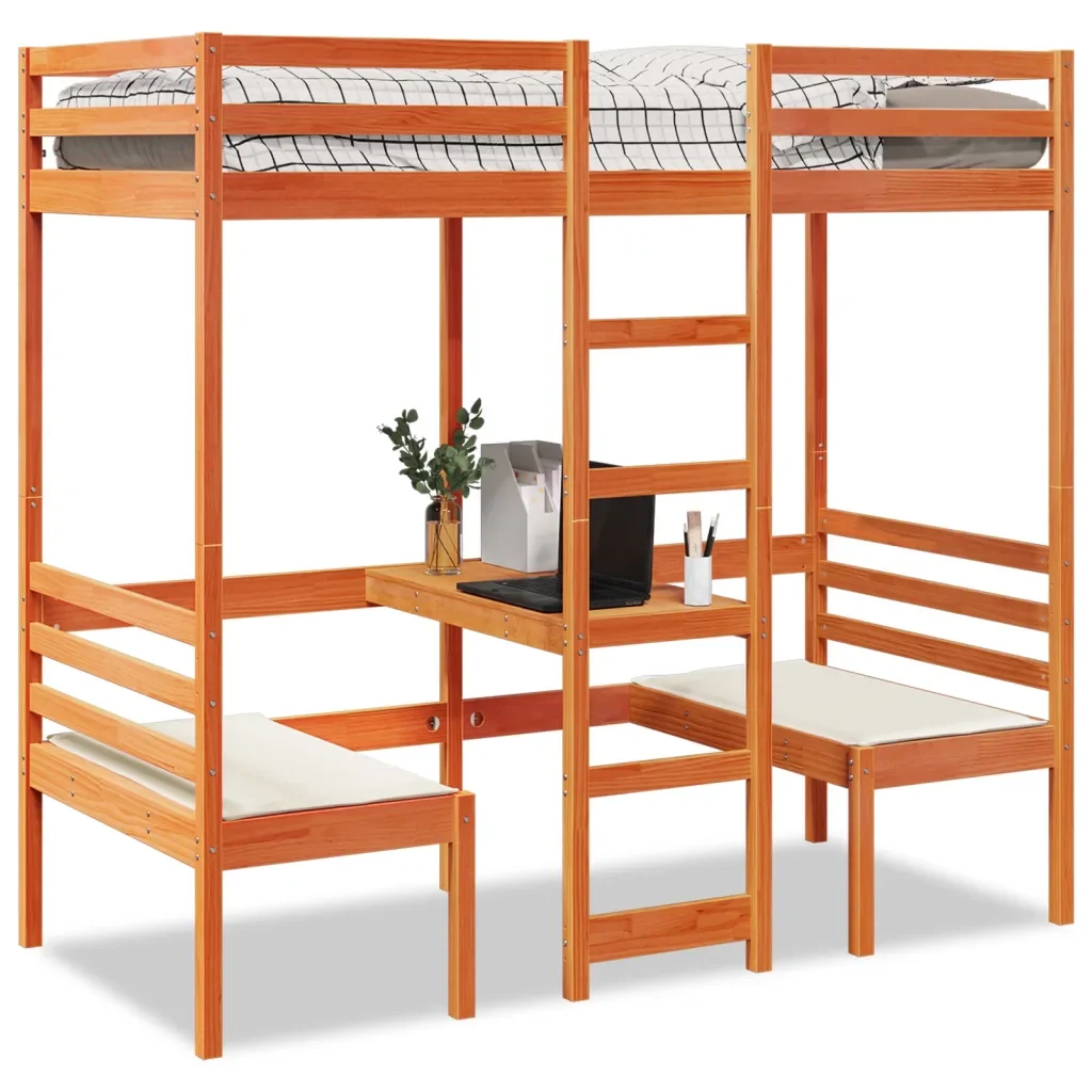 Letto singolo | Letto per adulti | Giroletto Soppalco Scrivania e Sedie Marrone Cera 75x190cm Pino - Image 2