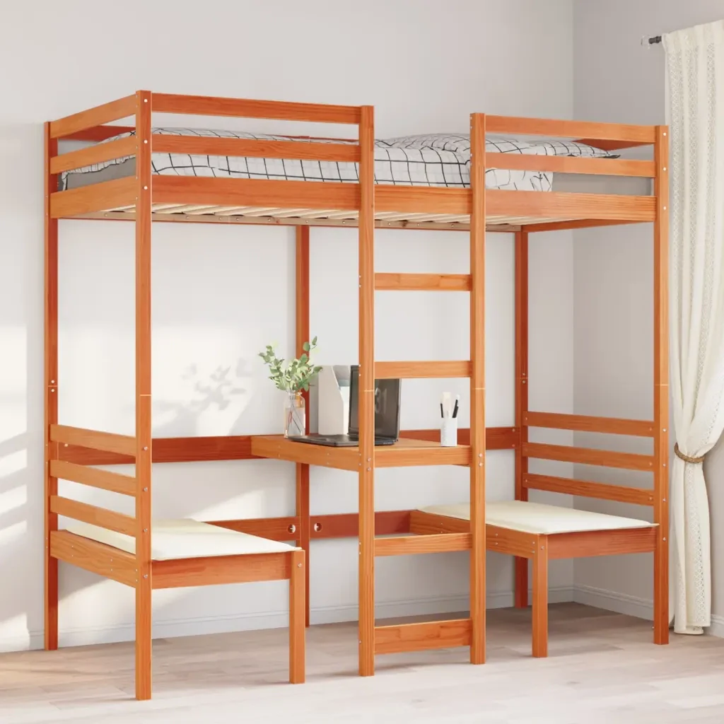 Letto singolo | Letto per adulti | Giroletto Soppalco Scrivania e Sedie Marrone Cera 75x190cm Pino - Image 4