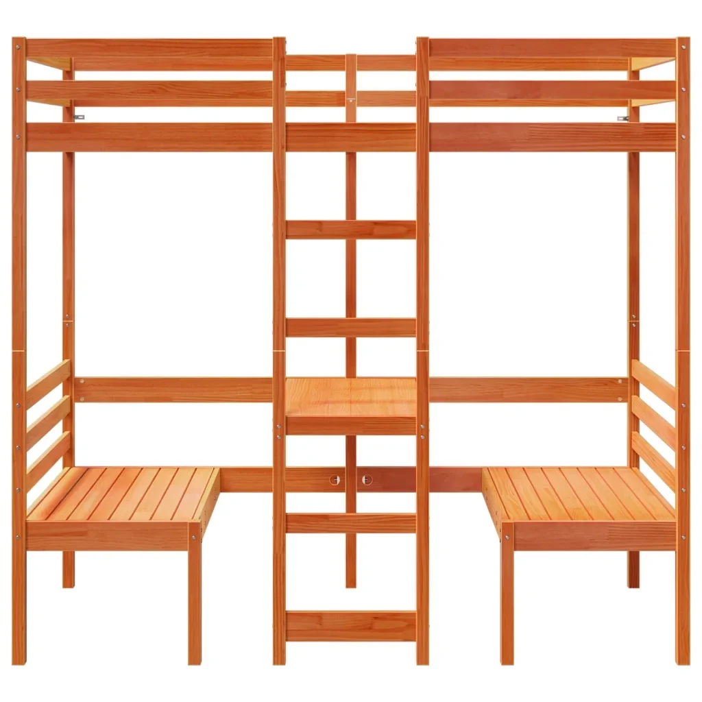 Letto singolo | Letto per adulti | Giroletto Soppalco Scrivania e Sedie Marrone Cera 75x190cm Pino - Image 5