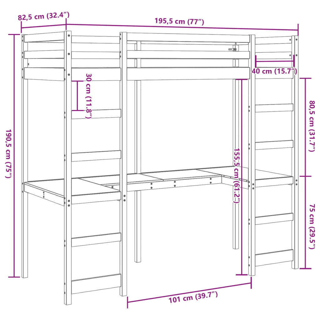 Letto singolo | Letto per adulti | Giroletto Soppalco senza Materasso Marrone Cera 75x190cm Pino - Image 10