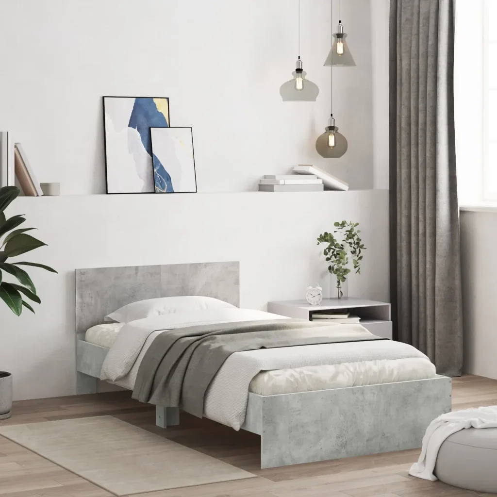 Letto singolo | Letto per adulti | Giroletto Testiera Grigio Cemento 100x200 cm Legno Multistrato - Image 2