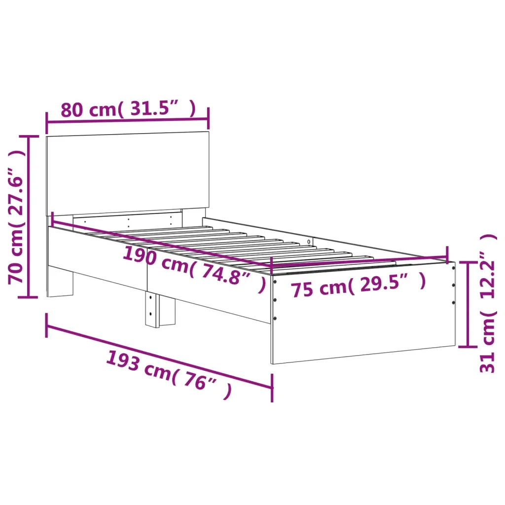 Letto singolo | Letto per adulti | Giroletto Testiera Grigio Cemento 75x190 cm Legno Multistrato - Image 10