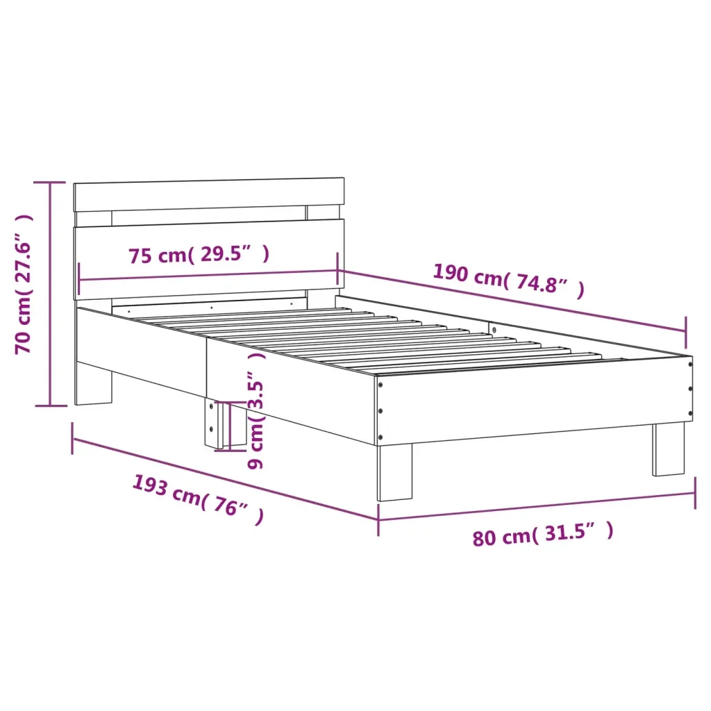 Letto singolo | Letto per adulti | Giroletto Testiera Grigio Cemento 75x190 cm Legno Multistrato - Image 10