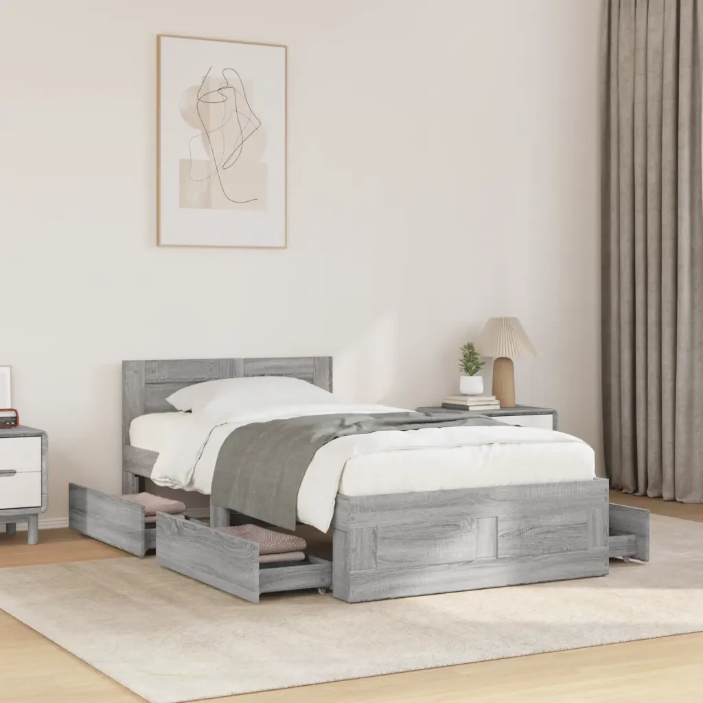 Letto singolo | Letto per adulti | Giroletto Testiera Grigio Cemento 90x200 cm Legno Multistrato - Image 2