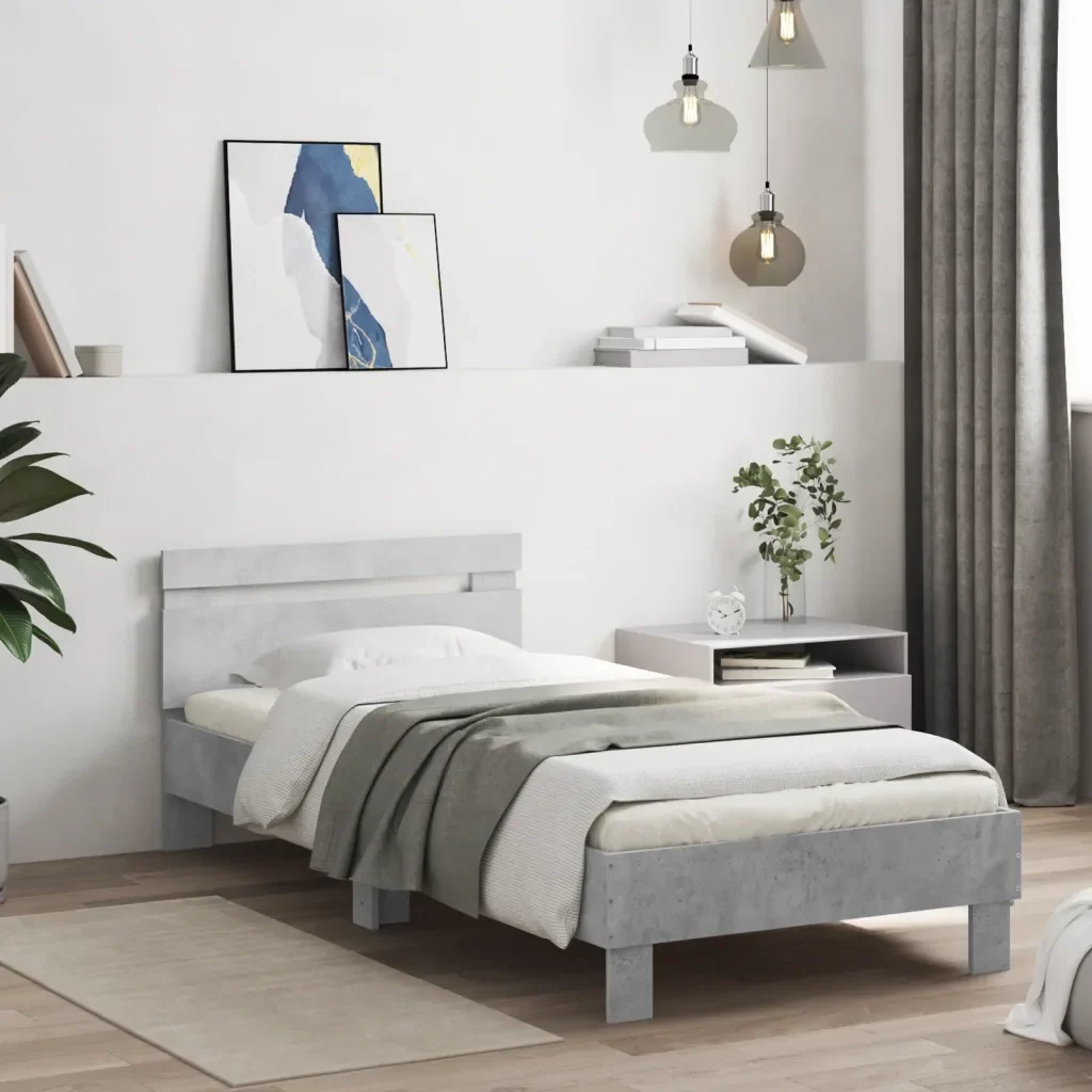 Letto singolo | Letto per adulti | Giroletto Testiera Grigio Cemento 90x200 cm Legno Multistrato - Image 2