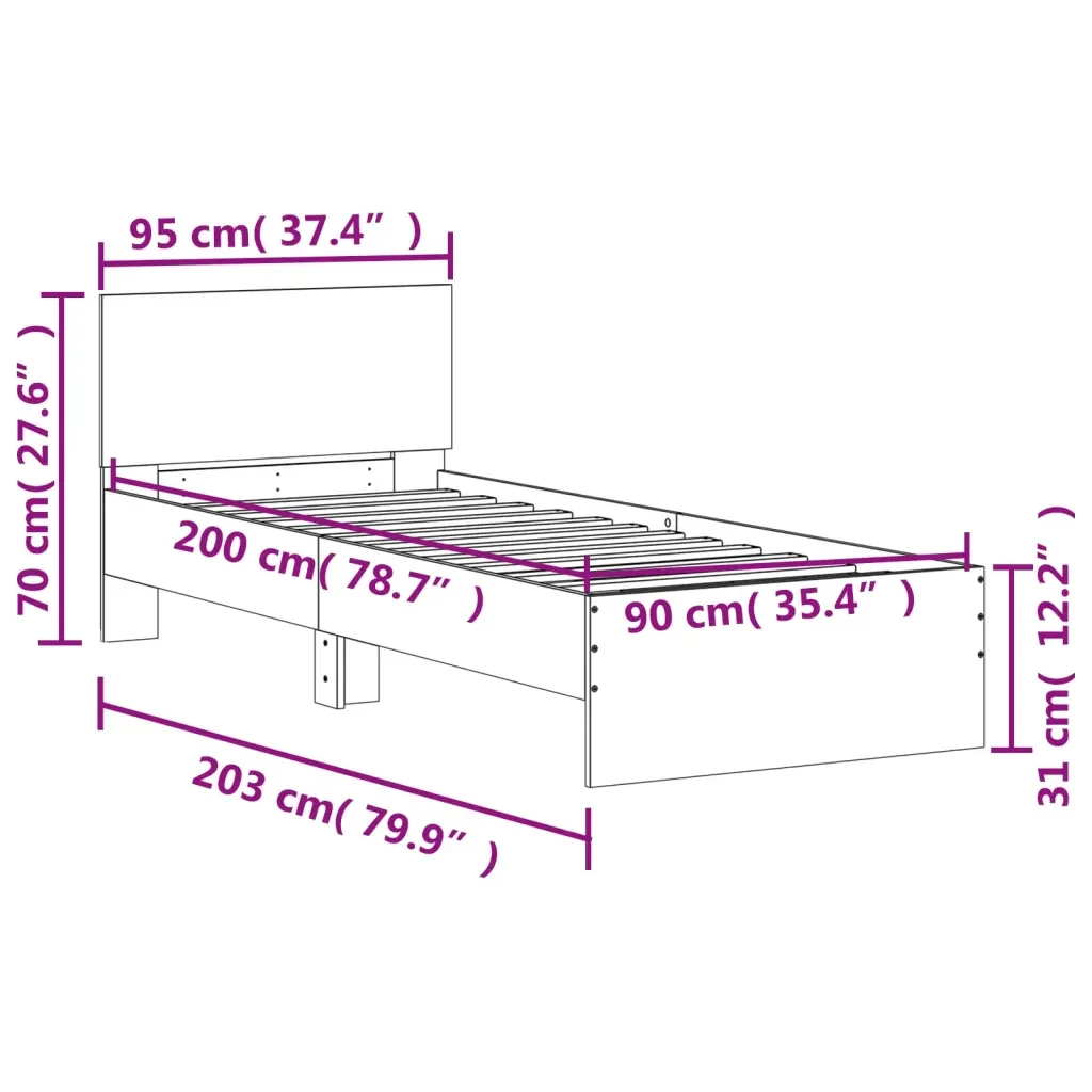 Letto singolo | Letto per adulti | Giroletto Testiera Grigio Cemento 90x200 cm Legno Multistrato - Image 10
