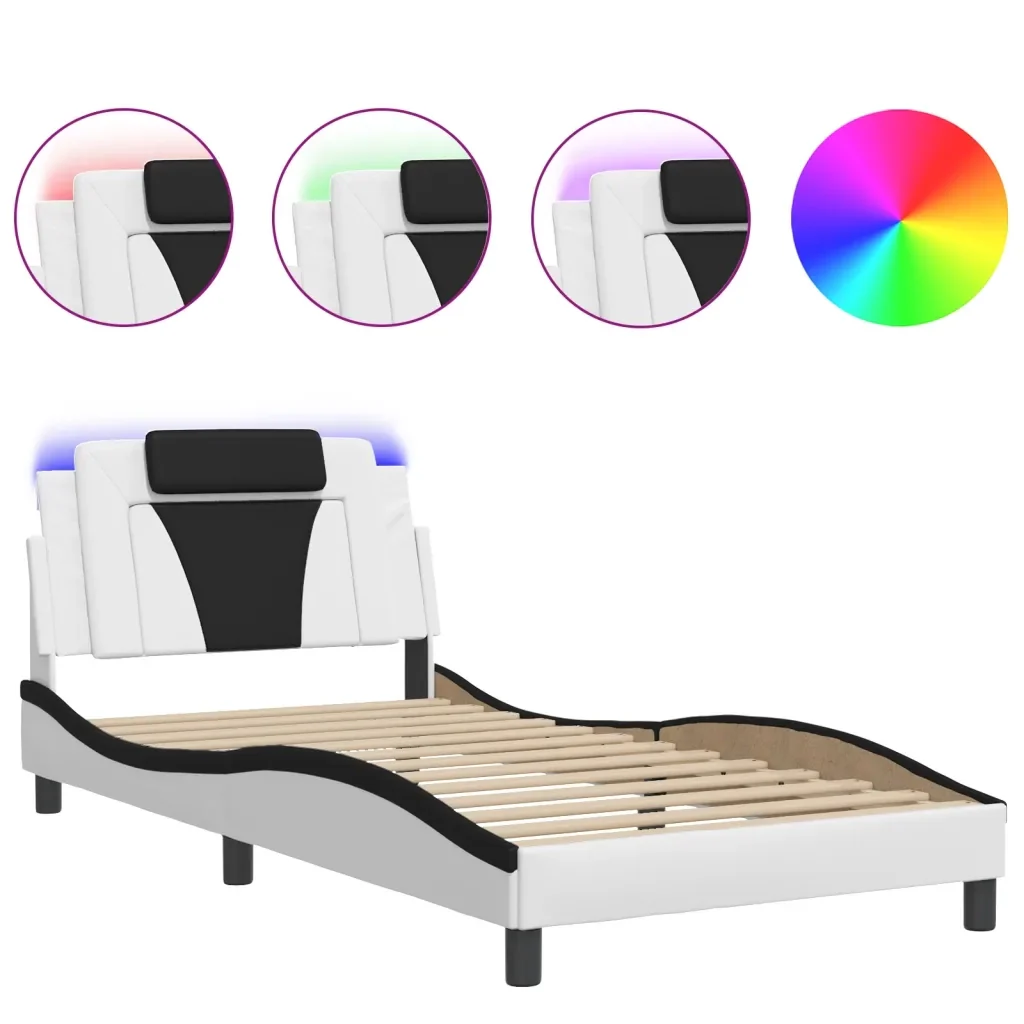 Letto singolo | Letto per adulti | Giroletto Viana con LED senza Materasso Bianco e Nero 100x200 cm