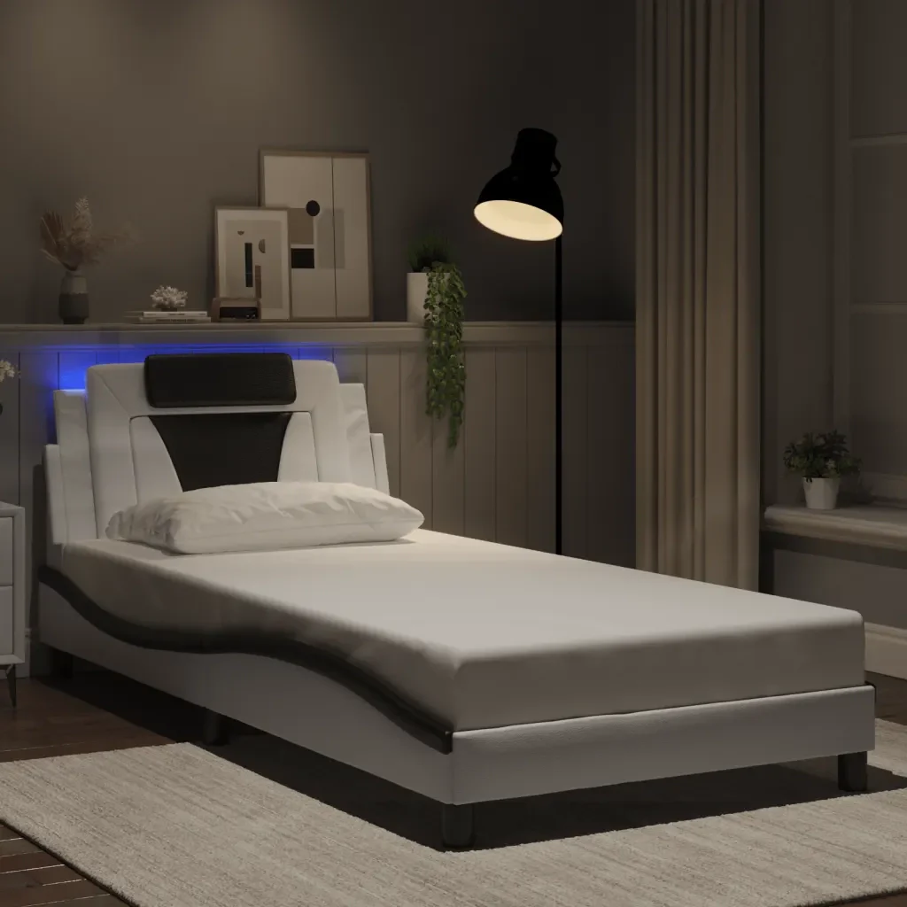 Letto singolo | Letto per adulti | Giroletto Viana con LED senza Materasso Bianco e Nero 100x200 cm - Image 2