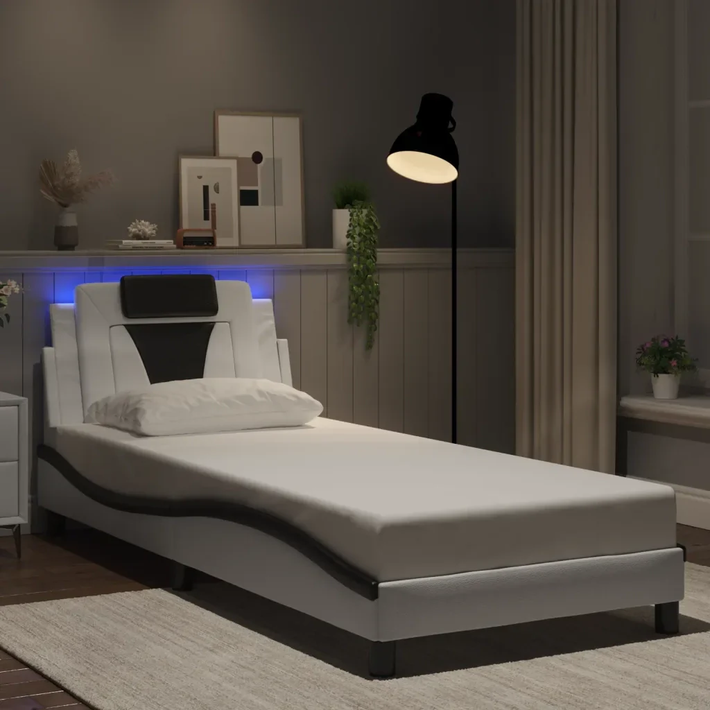 Letto singolo | Letto per adulti | Giroletto Viana con LED senza Materasso Bianco e Nero 90x190 cm - Image 2