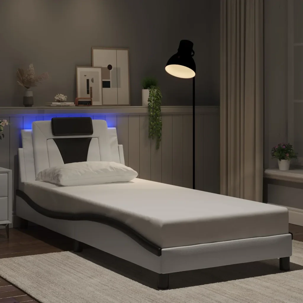 Letto singolo | Letto per adulti | Giroletto Viana con LED senza Materasso Bianco e Nero 90x200 cm - Image 2