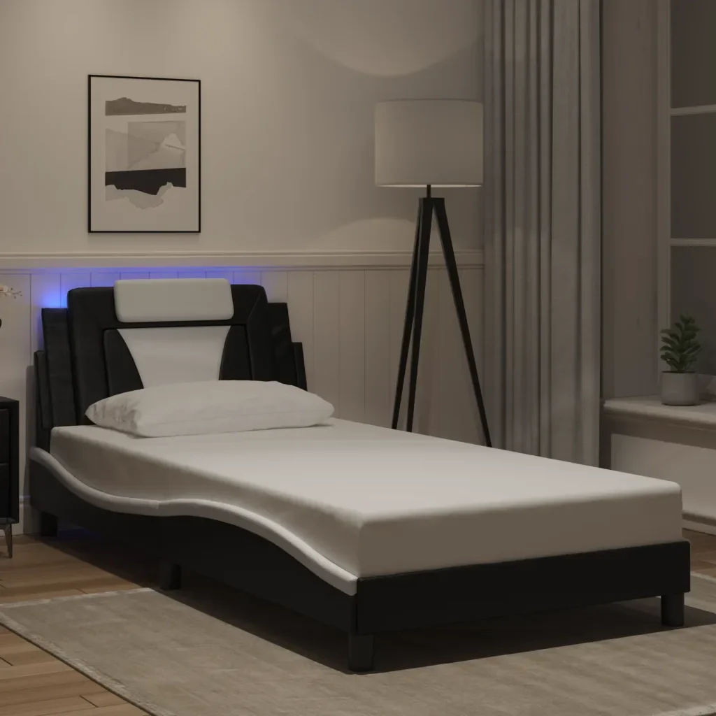 Letto singolo | Letto per adulti | Giroletto Viana con LED senza Materasso Nero e Bianco 100x200 cm - Image 2
