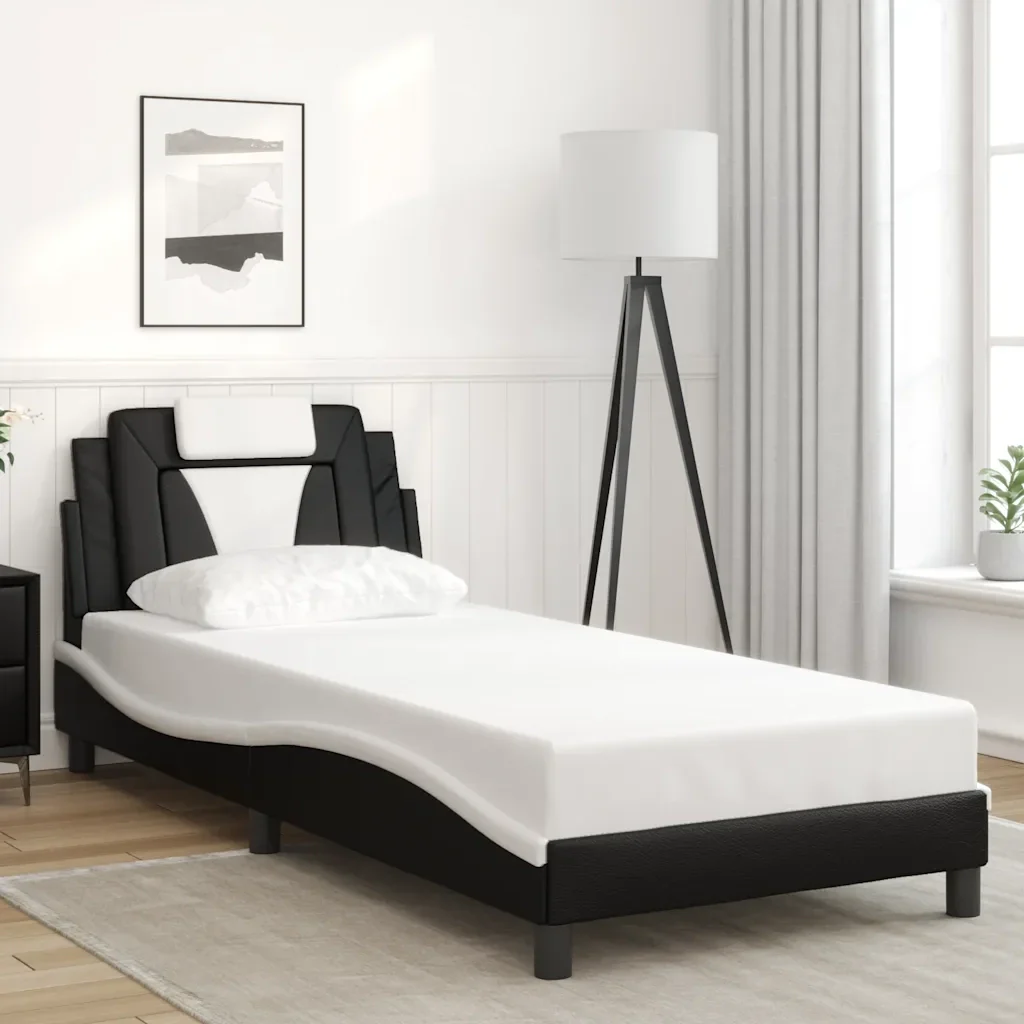 Letto singolo | Letto per adulti | Giroletto Viana senza Materasso Nero e Bianco 80x200 cm in Similpelle - Image 2