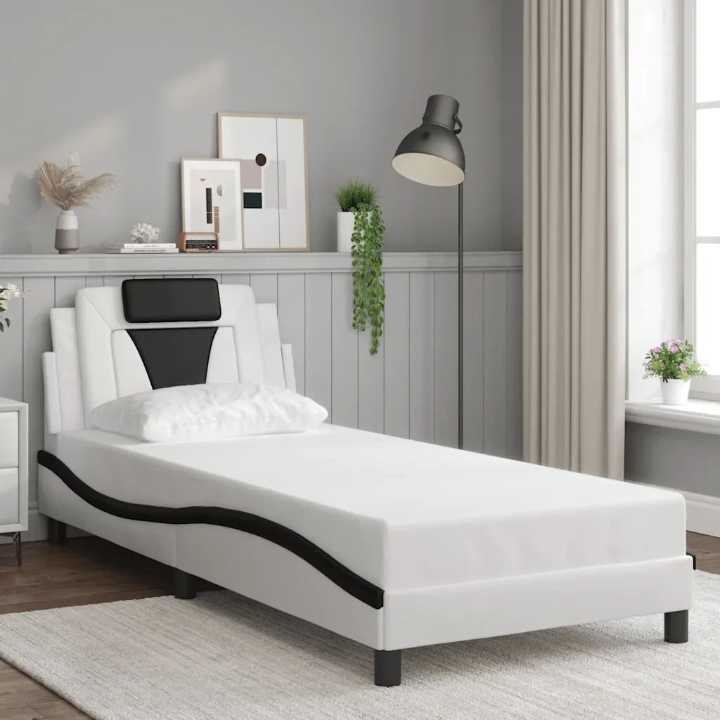 Letto singolo | Letto per adulti | Giroletto Viana senza Materasso Nero e Bianco 90x190 cm in Similpelle - Image 2