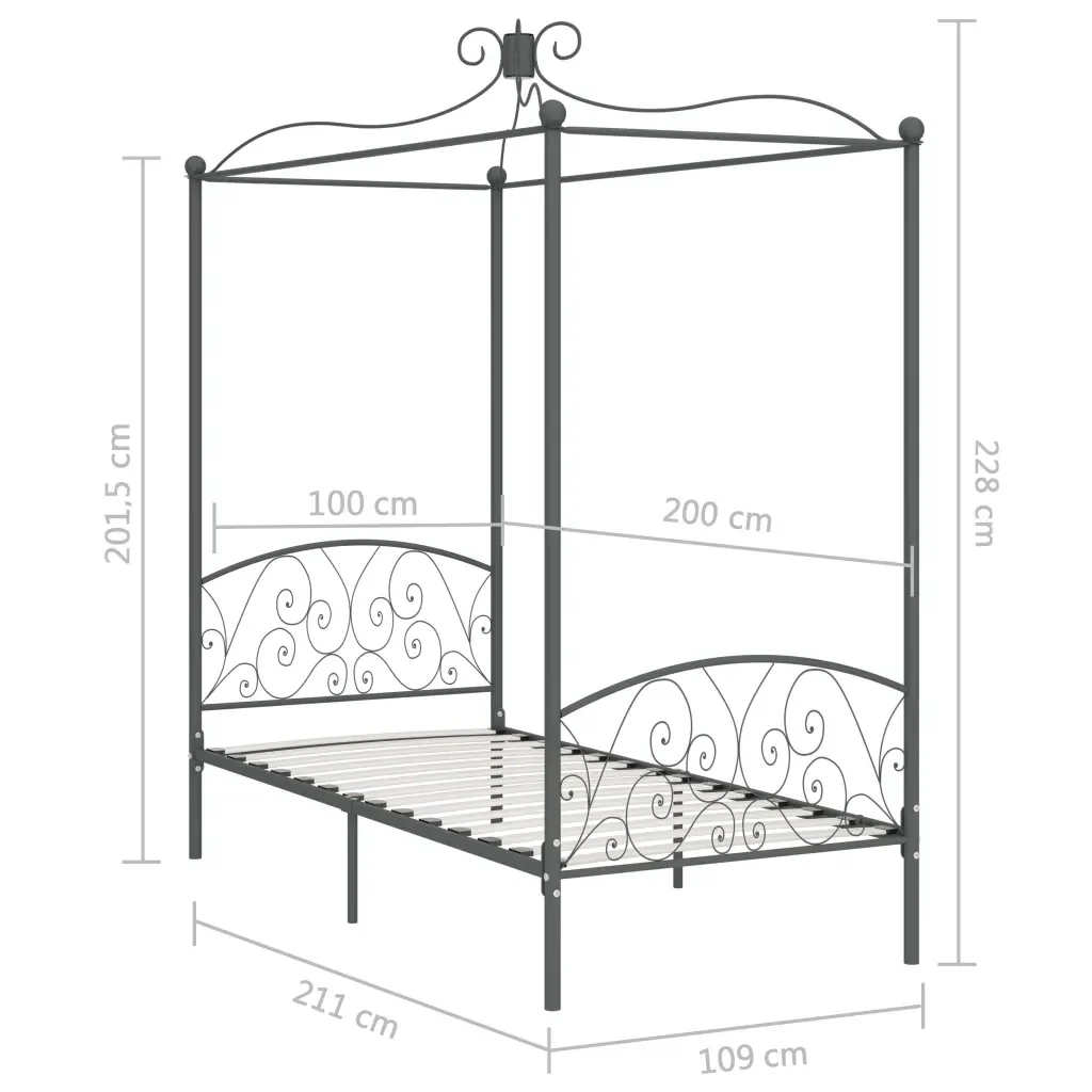 Letto singolo | Letto per adulti | Letto a Baldacchino Grigio in Metallo 100x200 cm - Image 6