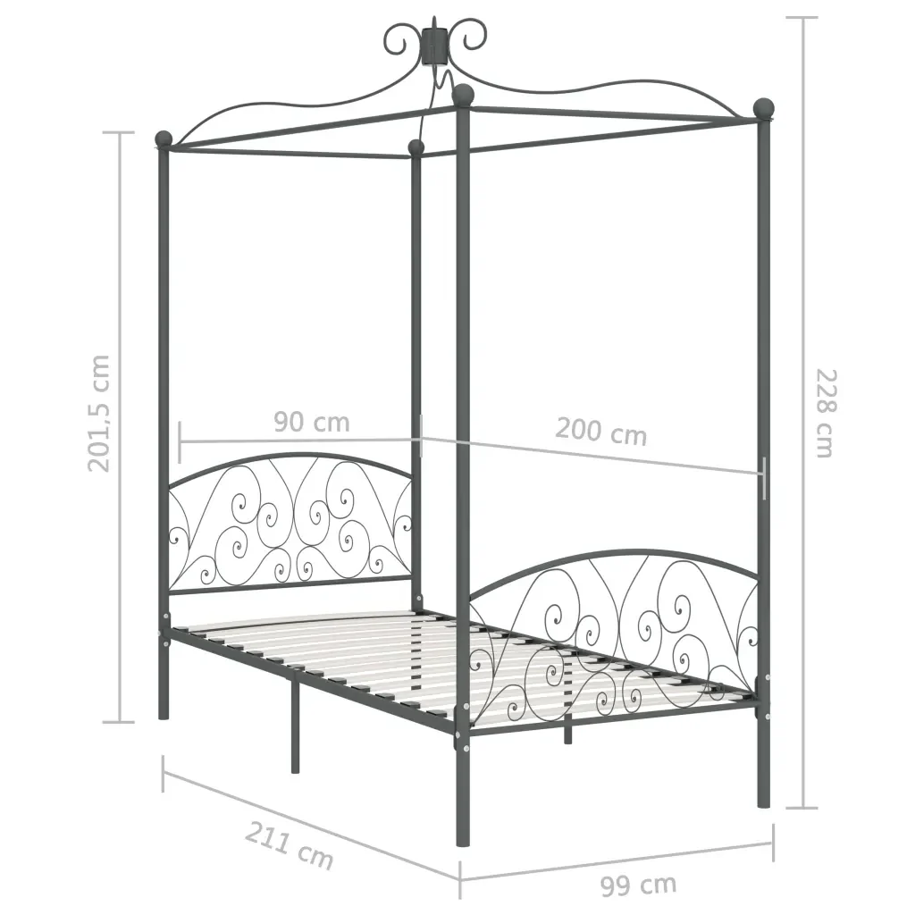 Letto singolo | Letto per adulti | Letto a Baldacchino Grigio in Metallo 90x200 cm - Image 6