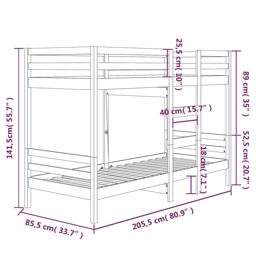 Letto singolo | Letto per adulti | Letto a Castello Bianco 80x200 cm in Legno Massello di Pino - Image 8