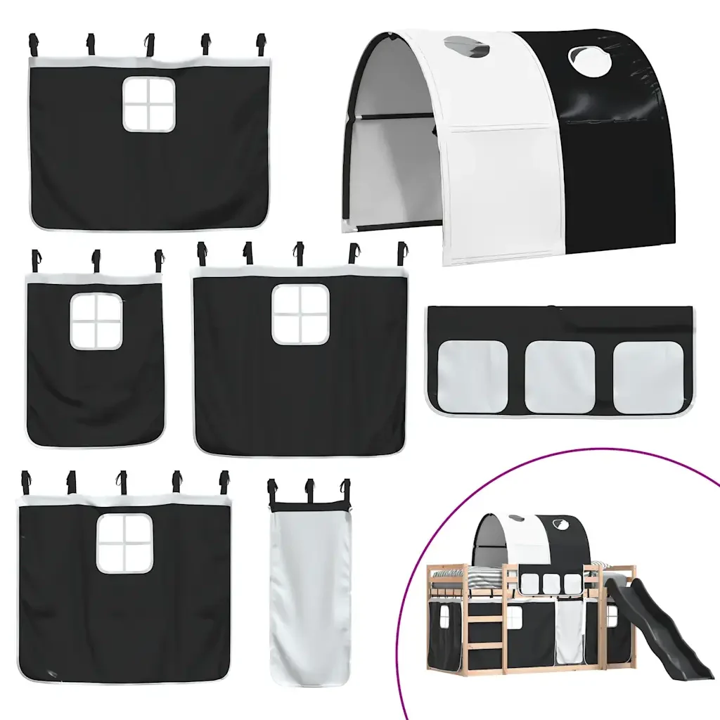 Letto singolo | Letto per adulti | Letto a Castello con Scivolo e Tende Bianco e Nero 80x200 cm - Image 5