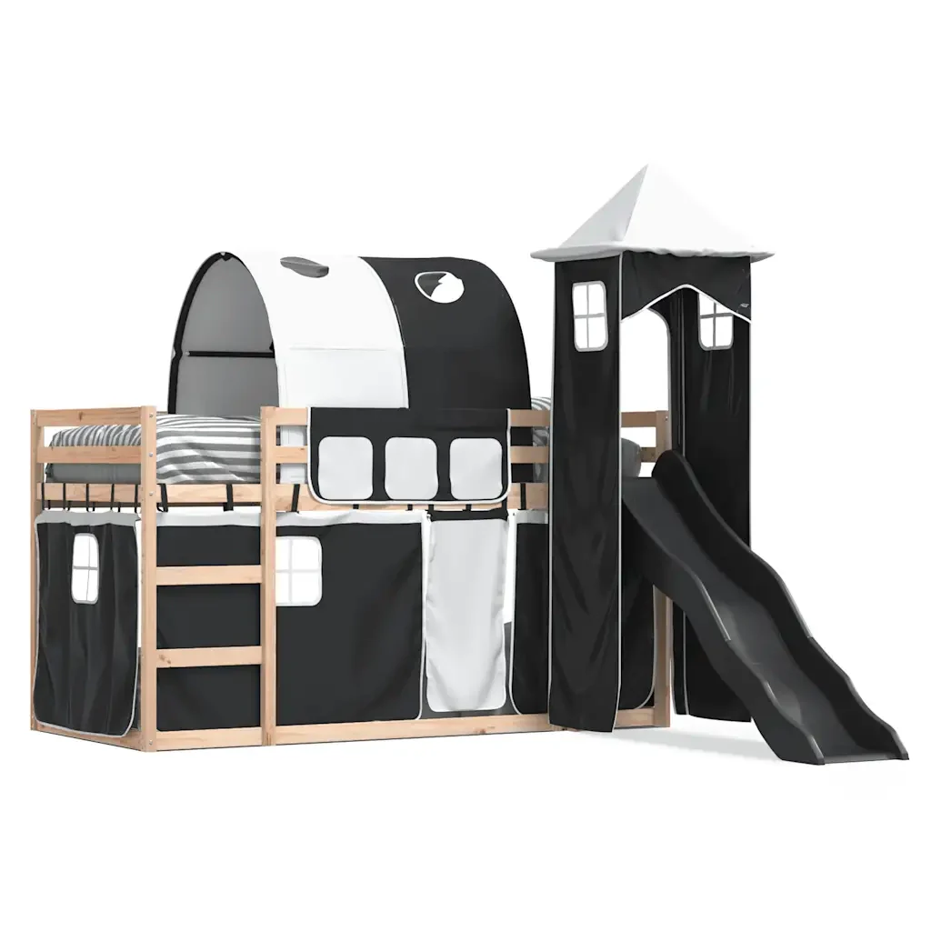 Letto singolo | Letto per adulti | Letto a Castello con Scivolo e Tende Bianco e Nero 80x200 cm