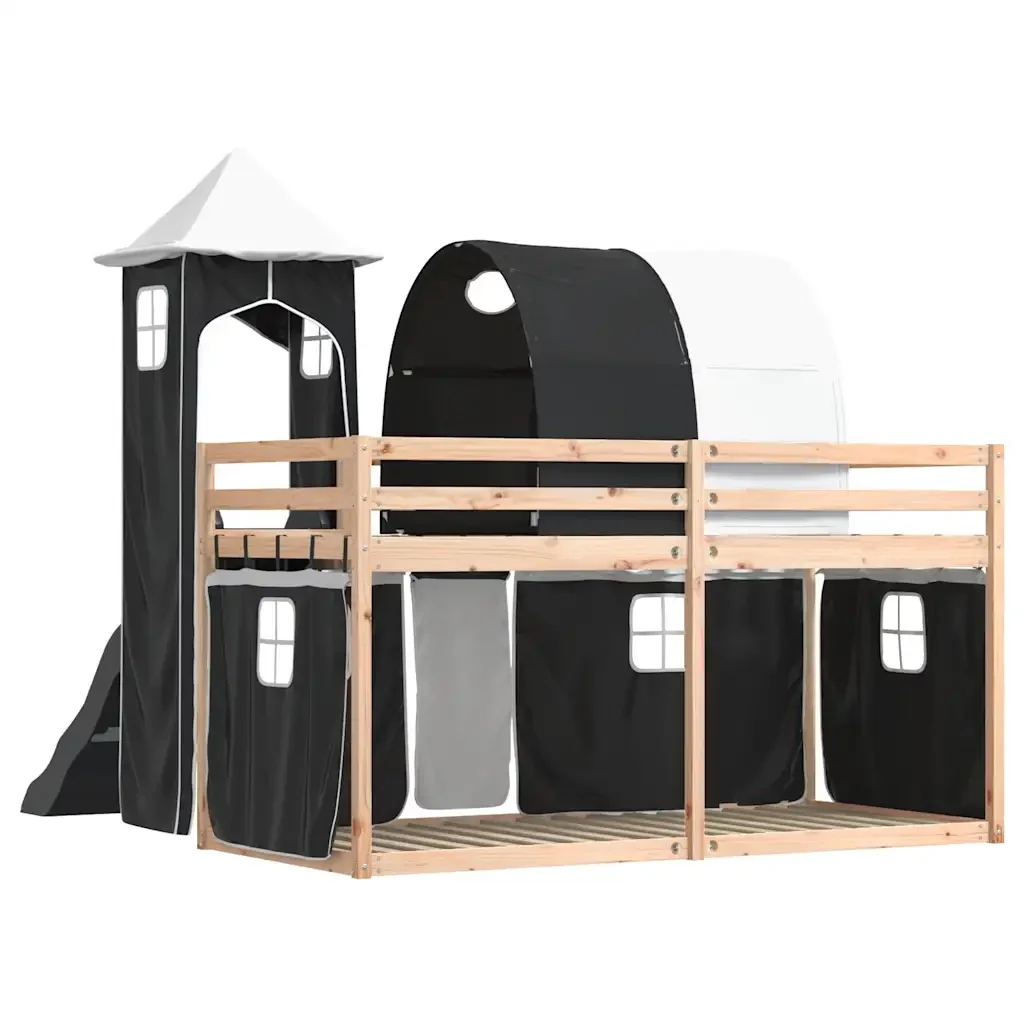 Letto singolo | Letto per adulti | Letto a Castello con Scivolo e Tende Bianco e Nero 80x200 cm - Image 10