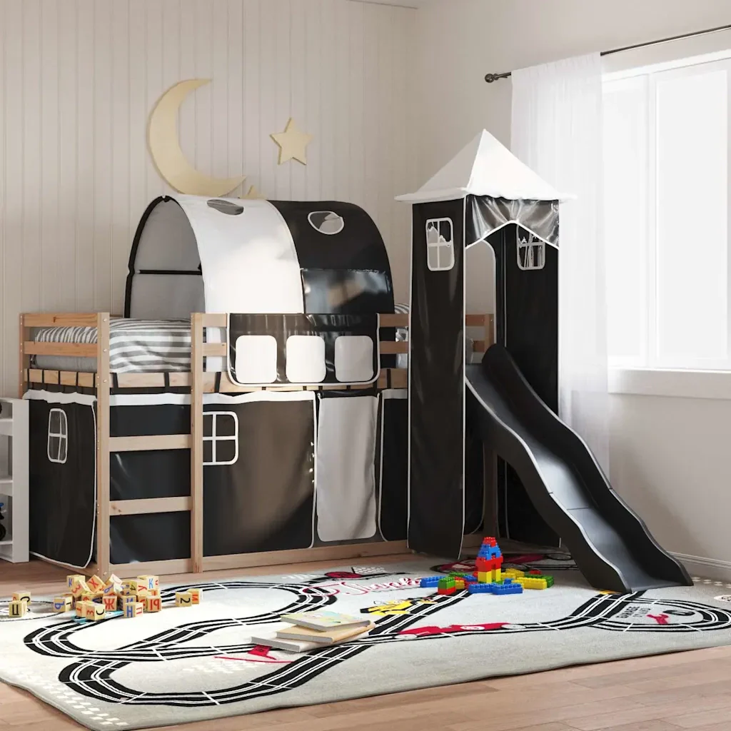 Letto singolo | Letto per adulti | Letto a Castello con Scivolo e Tende Bianco e Nero 80x200 cm - Image 2