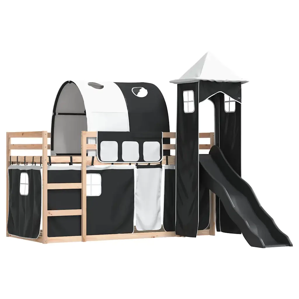 Letto singolo | Letto per adulti | Letto a Castello con Scivolo e Tende Bianco e Nero 80x200 cm - Image 3