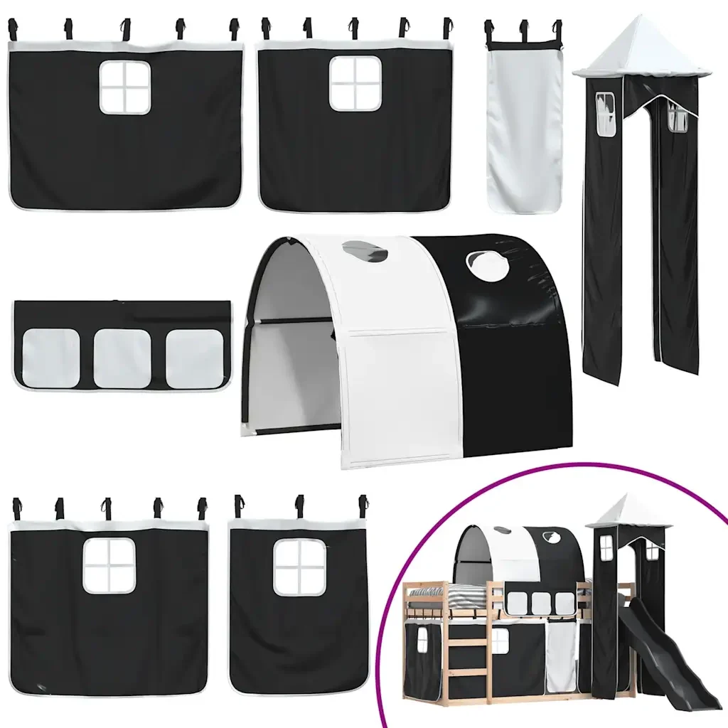 Letto singolo | Letto per adulti | Letto a Castello con Scivolo e Tende Bianco e Nero 80x200 cm - Image 5