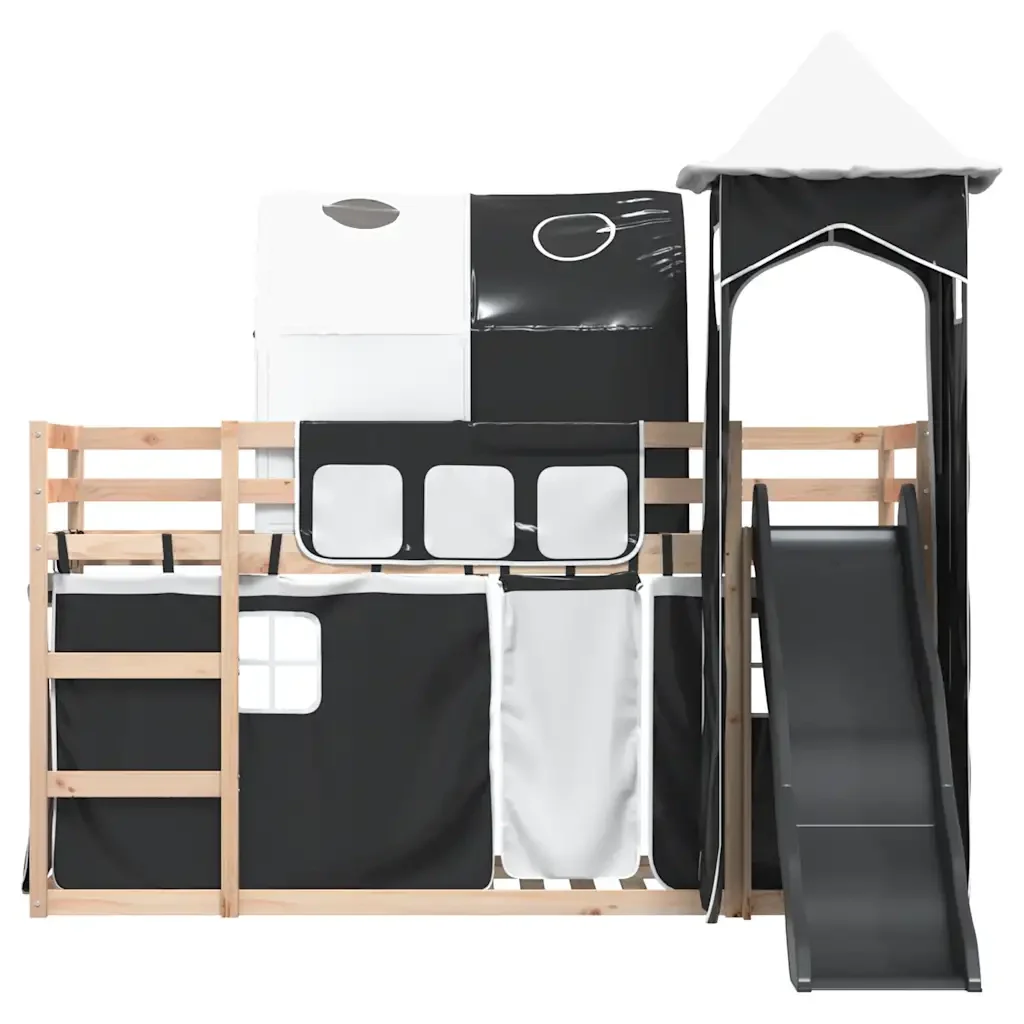 Letto singolo | Letto per adulti | Letto a Castello con Scivolo e Tende Bianco e Nero 80x200 cm - Image 7