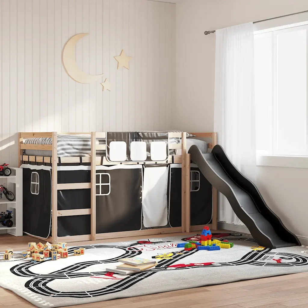 Letto singolo | Letto per adulti | Letto a Castello con Scivolo e Tende Bianco e Nero 80x200 cm - Image 2