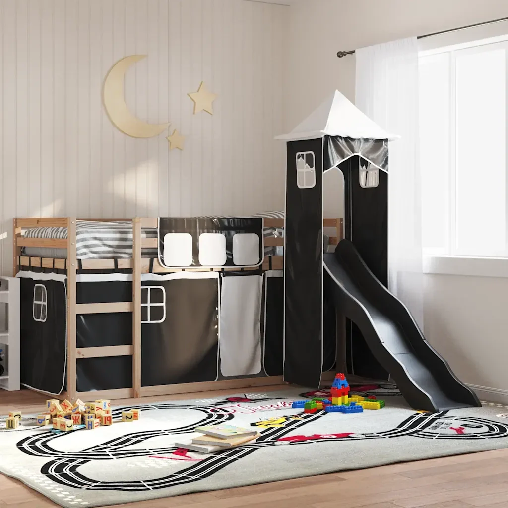 Letto singolo | Letto per adulti | Letto a Castello con Scivolo e Tende Bianco e Nero 80x200 cm - Image 2