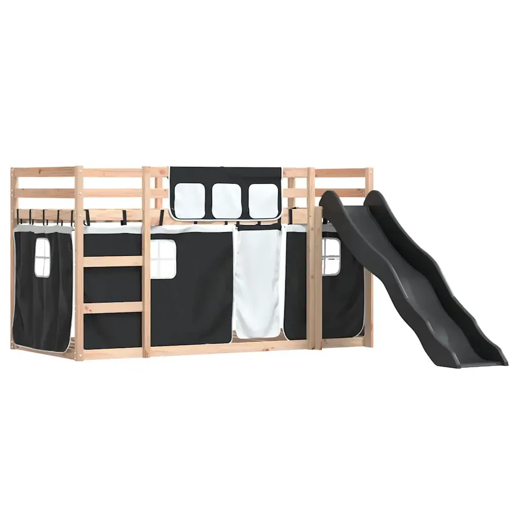 Letto singolo | Letto per adulti | Letto a Castello con Scivolo e Tende Bianco e Nero 80x200 cm - Image 3