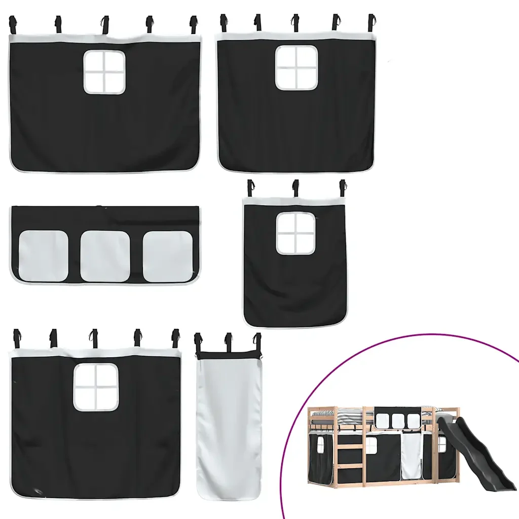 Letto singolo | Letto per adulti | Letto a Castello con Scivolo e Tende Bianco e Nero 80x200 cm - Image 5