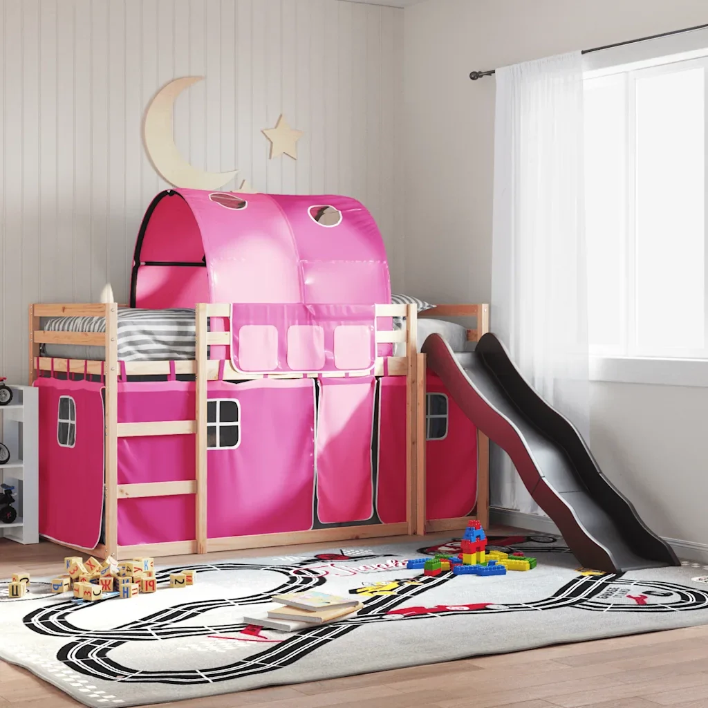 Letto singolo | Letto per adulti | Letto a Castello con Scivolo e Tende Rosa 80x200 cm - Image 2