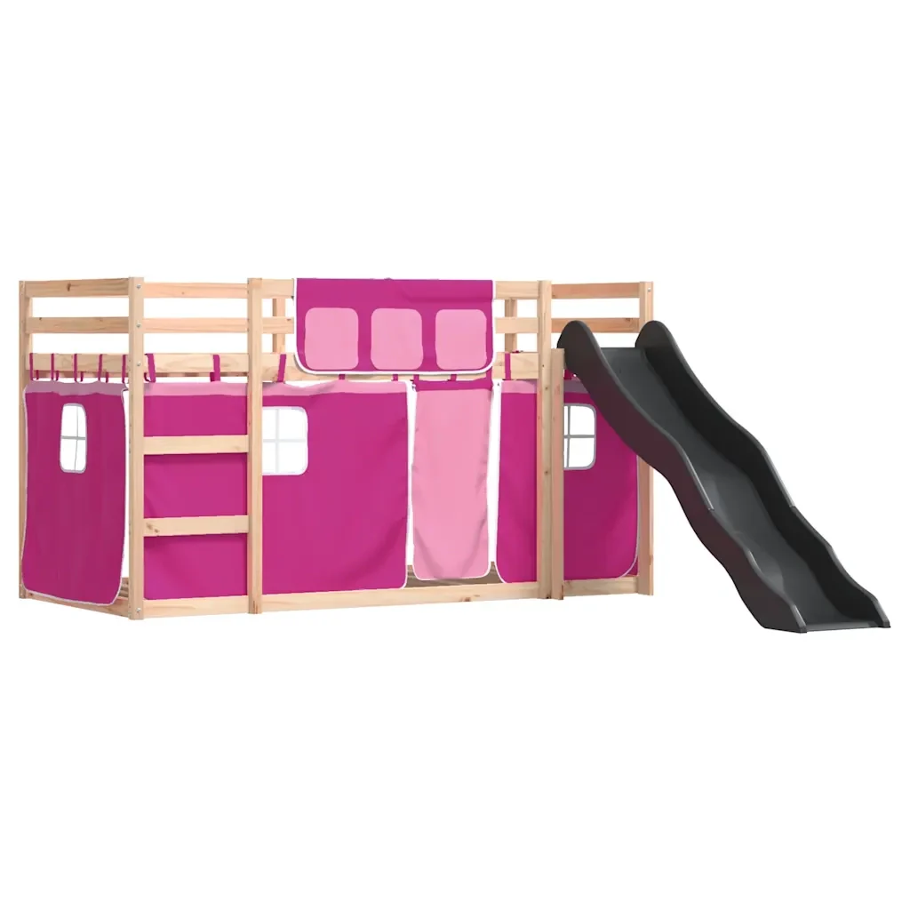 Letto singolo | Letto per adulti | Letto a Castello con Scivolo e Tende Rosa 80x200 cm