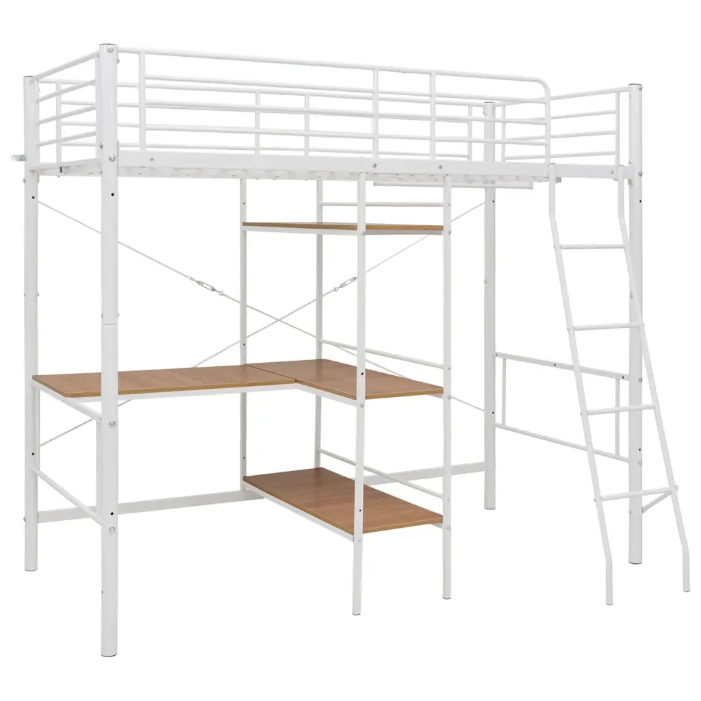 Letto singolo | Letto per adulti | Letto a Castello con Tavolino Bianco in Metallo 90x200 cm