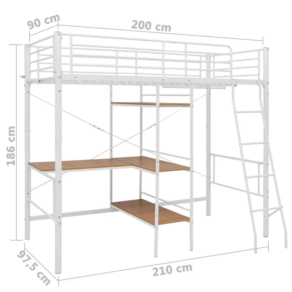 Letto singolo | Letto per adulti | Letto a Castello con Tavolino Bianco in Metallo 90x200 cm - Image 7