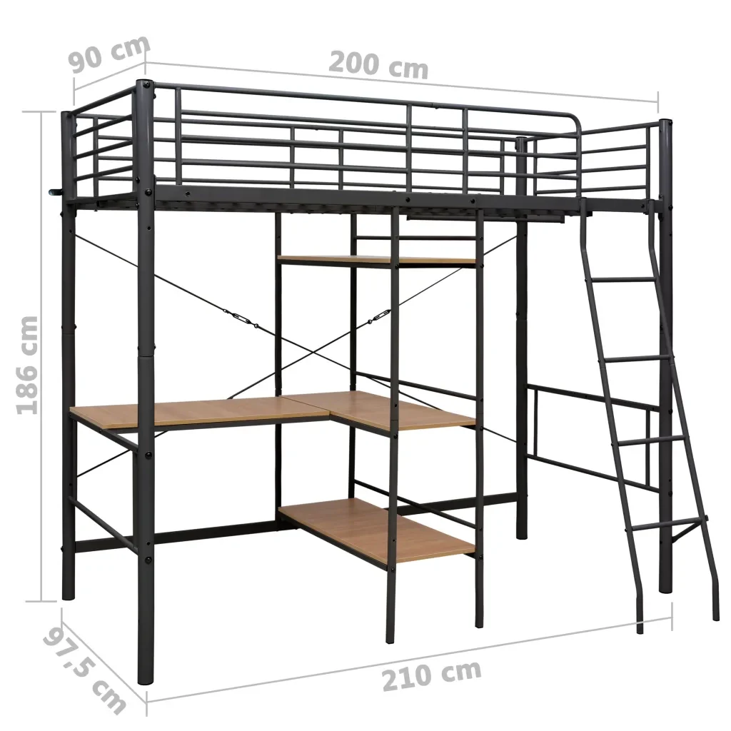 Letto singolo | Letto per adulti | Letto a Castello con Tavolino Grigio in Metallo 90x200 cm - Image 7