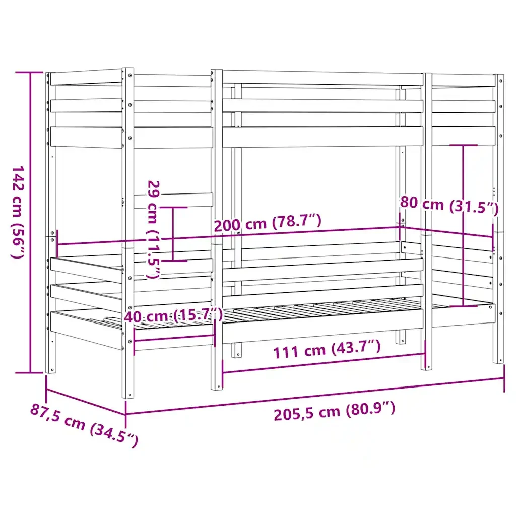 Letto singolo | Letto per adulti | Letto a Castello Marrone Cera 80x200 cm in Legno di Pino - Image 10