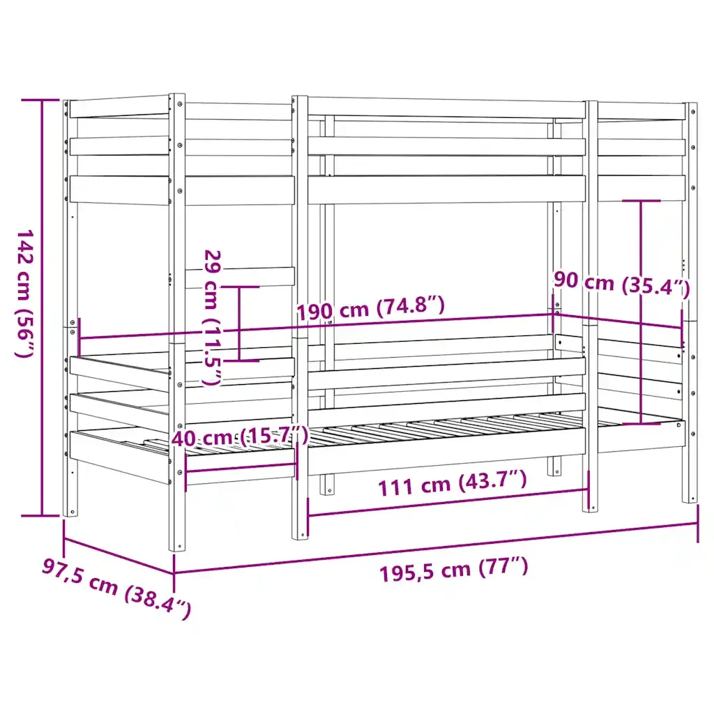 Letto singolo | Letto per adulti | Letto a Castello Marrone Cera 90x190 cm in Legno di Pino - Image 10