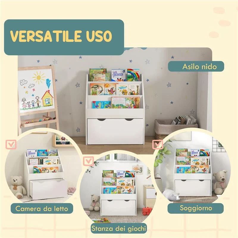LIBRERIA PER BAMBINI 3-8 ANNI A 3 RIPIANI CON CASSETTO INFERIORE, IN MDF, 62.5X30X70 CM, BIANCO - Image 3