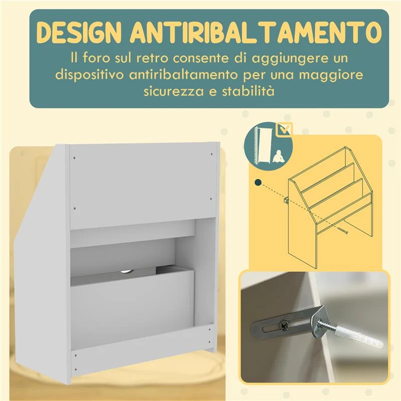 LIBRERIA PER BAMBINI 3-8 ANNI A 3 RIPIANI CON CASSETTO INFERIORE, IN MDF, 62.5X30X70 CM, BIANCO - Image 7