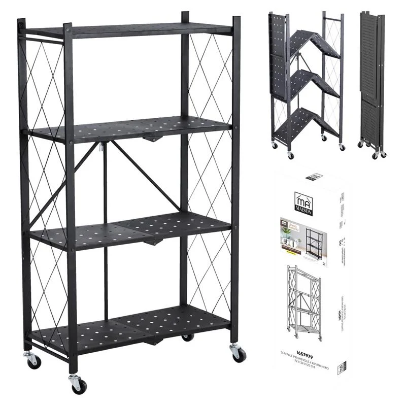 MA MAISON SCAFFALE PIEGHEVOLE 4 RIPIANI NERO CON ROTELLE PER SPOSTAMENTO RICHIUDIBILE E RIPONIBILE 72X24X125 CM - Image 2