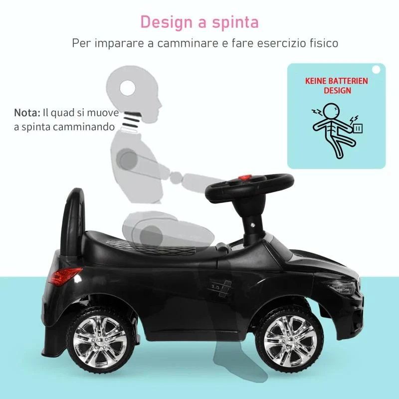 MACCHININA PER BAMBINI CAVALCABILE CON VOLANTE, FARI E MUSICHE INTEGRATE, IN PP E METALLO, 63.5X28X36 CM, NERO - Image 6