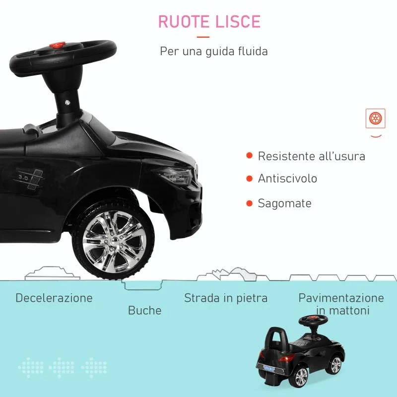 MACCHININA PER BAMBINI CAVALCABILE CON VOLANTE, FARI E MUSICHE INTEGRATE, IN PP E METALLO, 63.5X28X36 CM, NERO - Image 7
