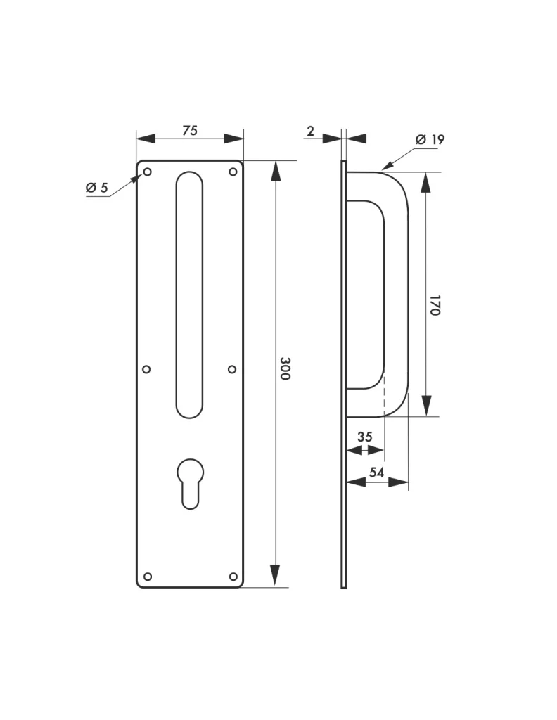Maniglione in acciaio inox con piastra 300 x 75 mm per cilindro europeo – THIRARD - Image 2