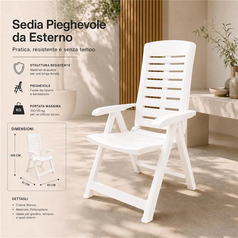 MAURY'S POLTRONA PIEGHEVOLE YUMA IN RESINA A 5 POSIZIONI IN COLORE BIANCO 60 X 61 X 109 CM - Image 3