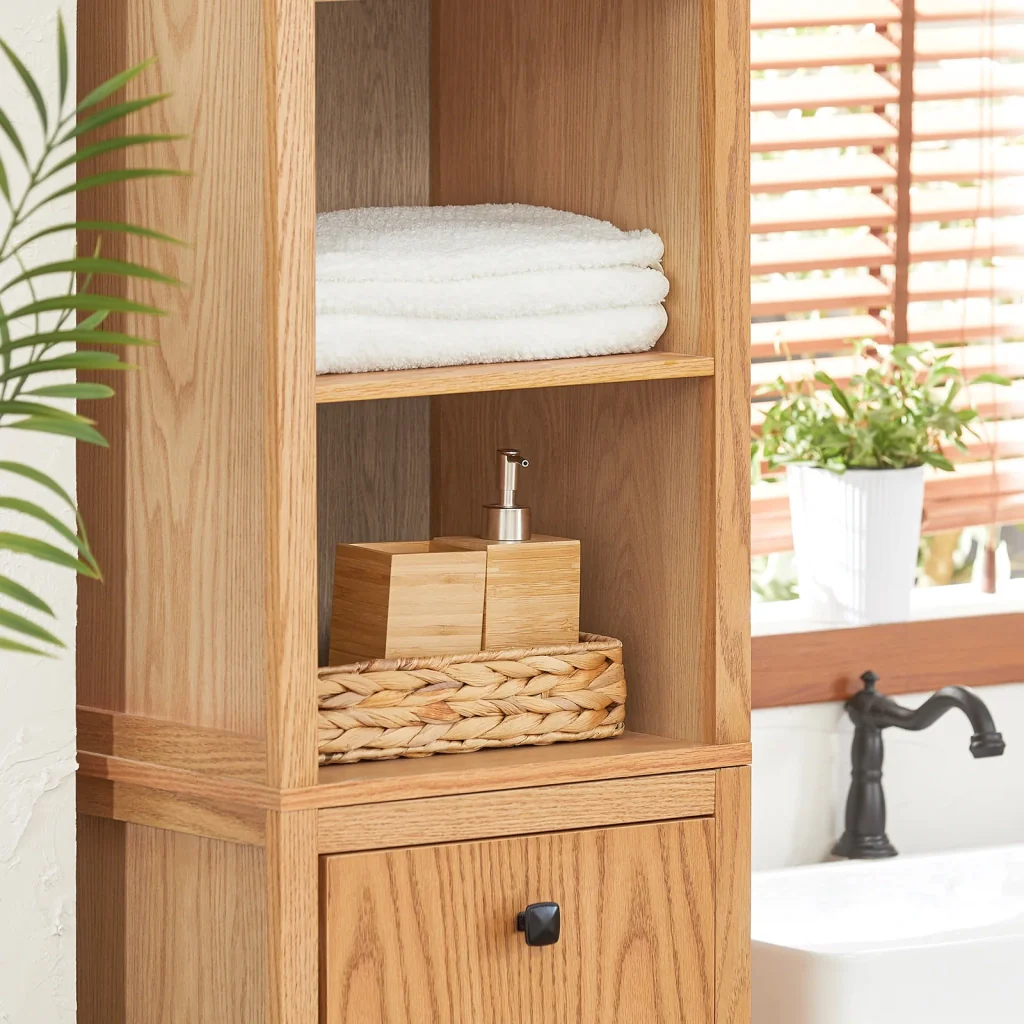 Mobile alto da bagno colonna bagno con portabiancheria armadio da terra 40x35x173cm BZR95-N Naturale - Image 5